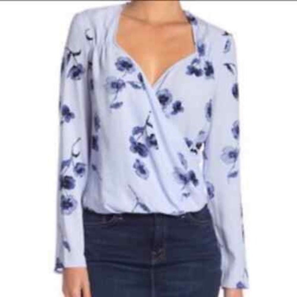 Free Press Blue Floral Wrap Long Sleeve Blouse‎ Top Women's Size M